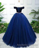 Dark Blue Tulle Off Shoulder Long Evening Prom Dresses, Blue Sweet 16 Dresses
